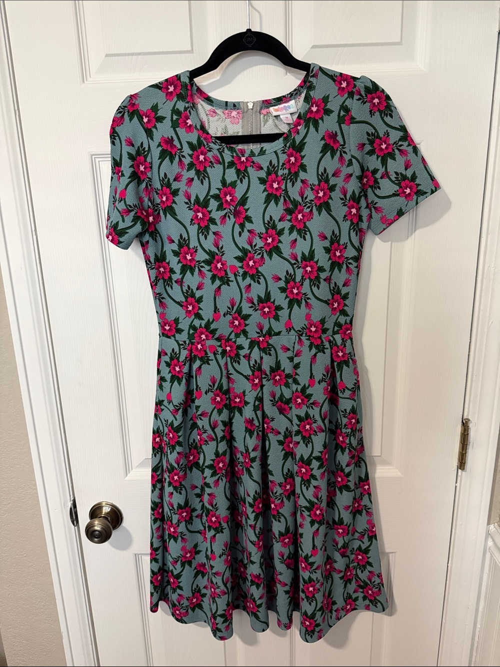 LuLaRoe Blue Dress with Pink Floral Print